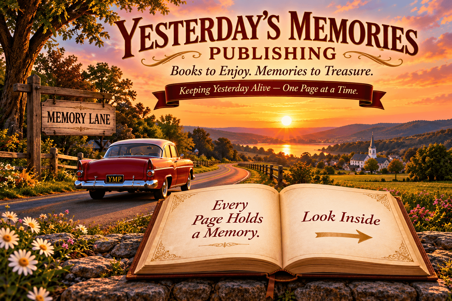 A sunset over Memory Lane with a vintage red car and an open book showing a gold arrow.